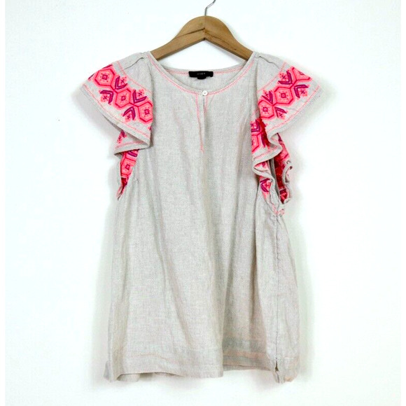 J Crew Size M Embroidered Linen Flutter Sleeve Top Cream Pink Orange - Picture 2 of 9